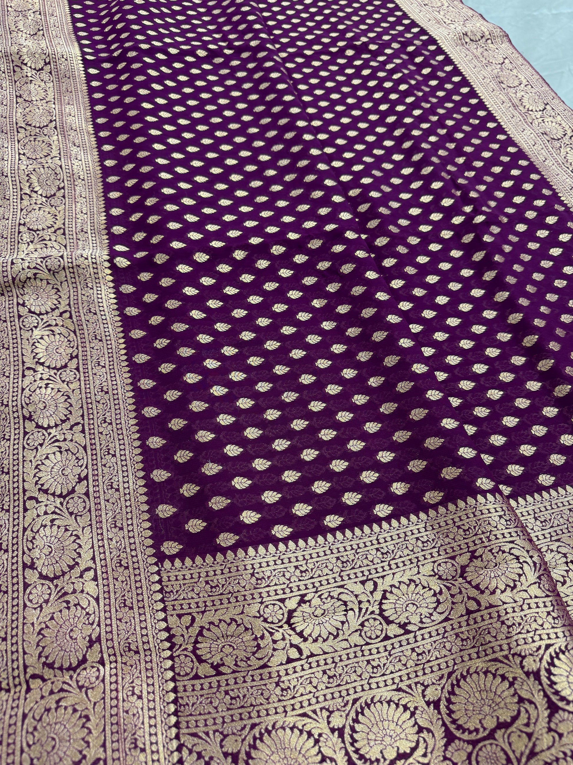 Trina : Wine and Gold Crepe Georgette Banarasi Saree image 5