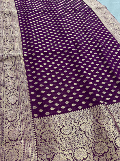 Trina : Wine and Gold Crepe Georgette Banarasi Saree image 5