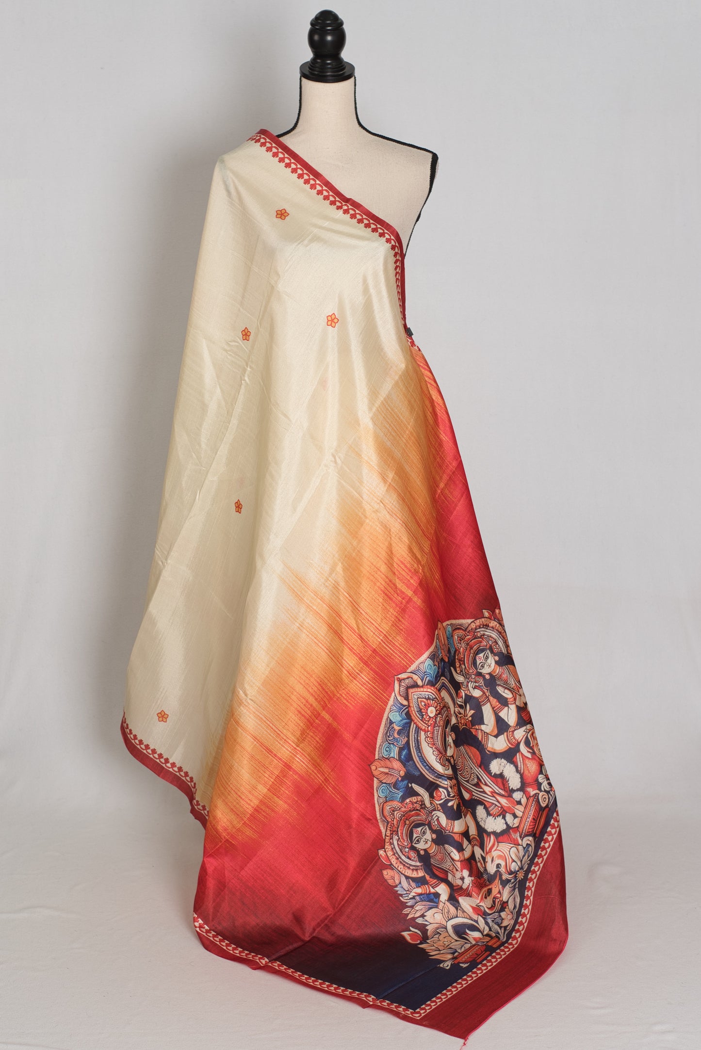 Durga: Cream and Red Semi Silk Printed Durga Puja Saree image 5