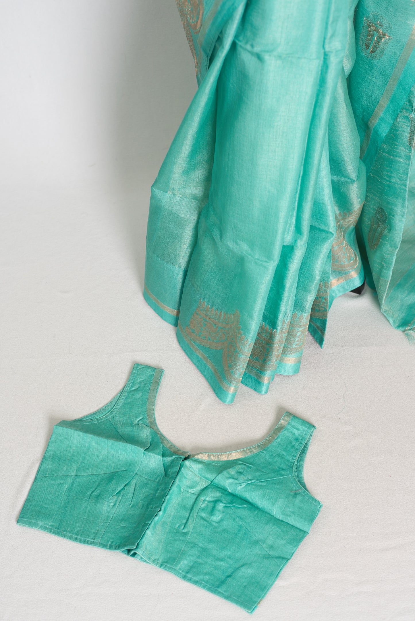 Mani : Sea Green & Gold Bengal Tussar Silk Saree with 36 Size Stitched Blouse image 1