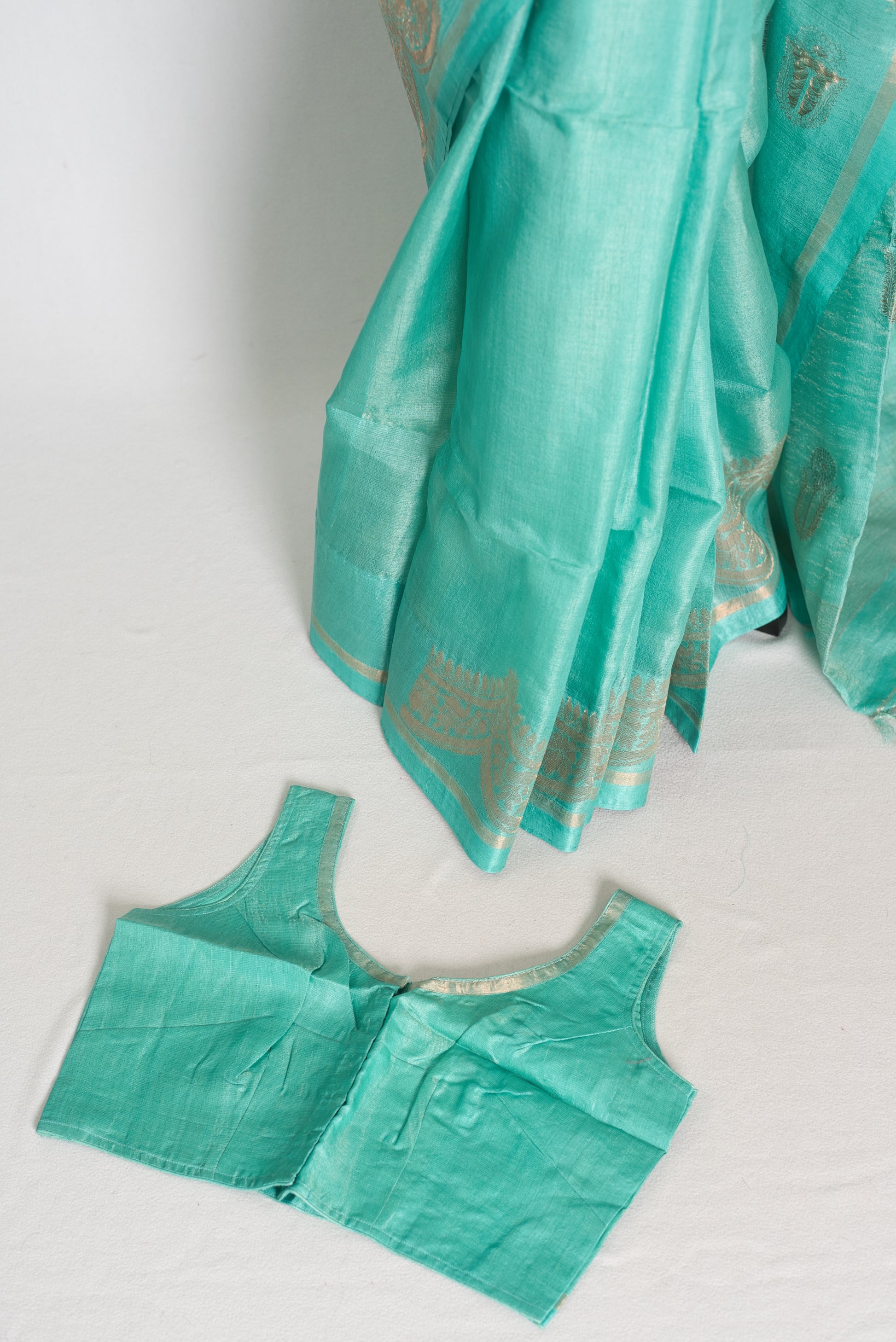Mani : Sea Green & Gold Bengal Tussar Silk Saree with 36 Size Stitched Blouse image 1