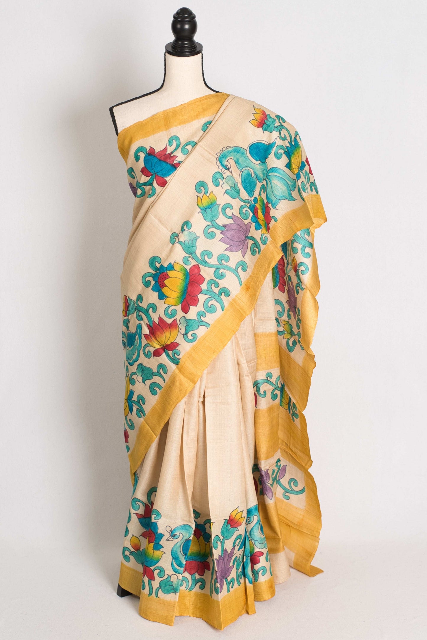 Kala : Hand Painted Kalamkari Tussar Silk Saree in Cream and Yellow image 6