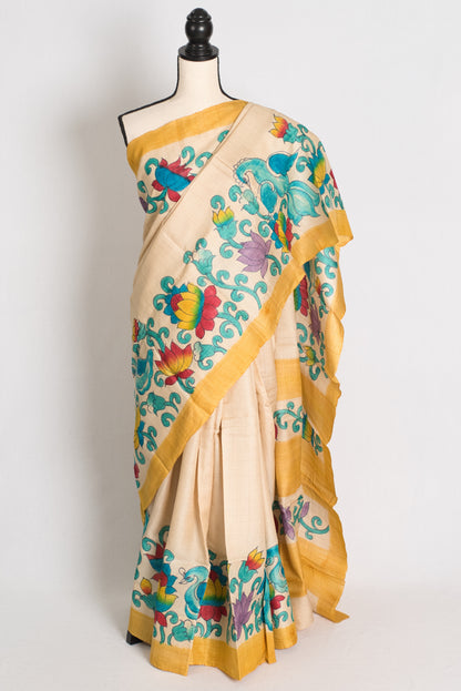Kala : Hand Painted Kalamkari Tussar Silk Saree in Cream and Yellow image 6