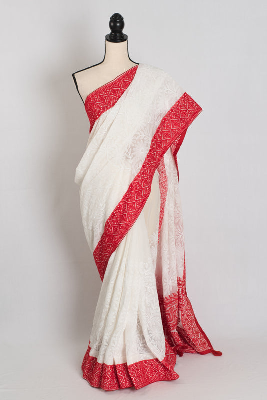 Sakuntala : White and Red Semi Georgette Embroidery Designer Saree image 0