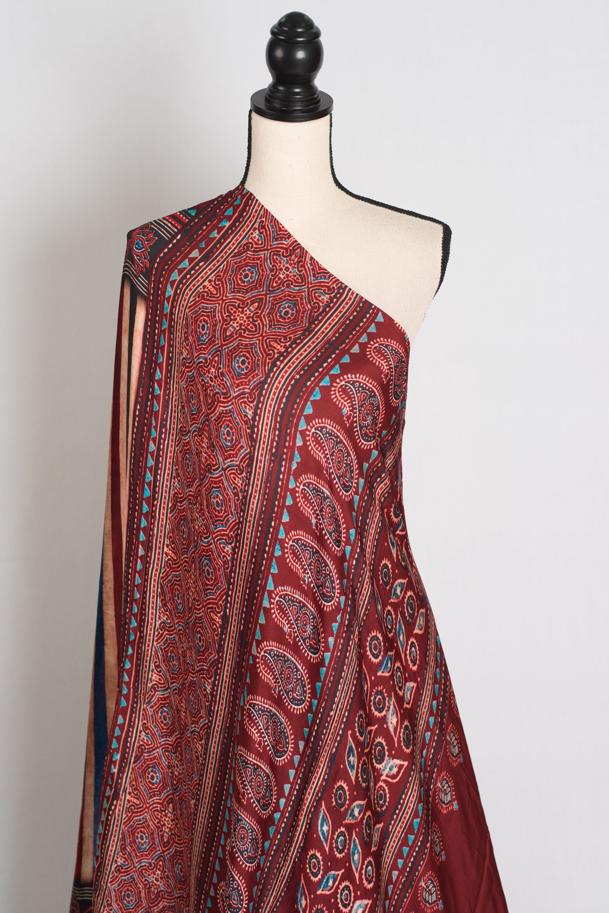 Soraya : Maroon Modal Silk Ajrakh Saree with Multi-Color Vertical Stripes image 4