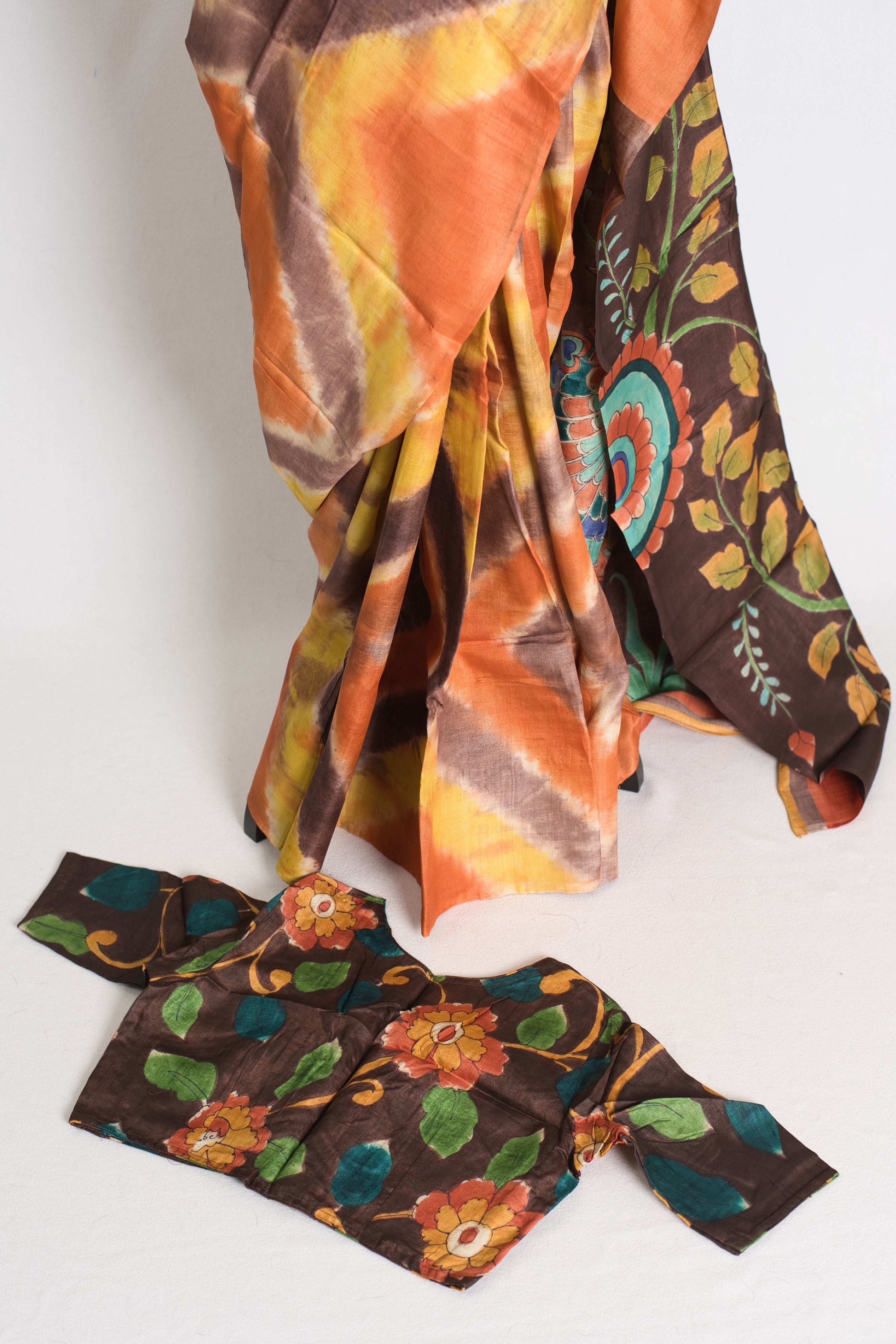 Madhura : Hand Painted Kalamkari Tussar Silk Saree with 36 Size Stitched Blouse