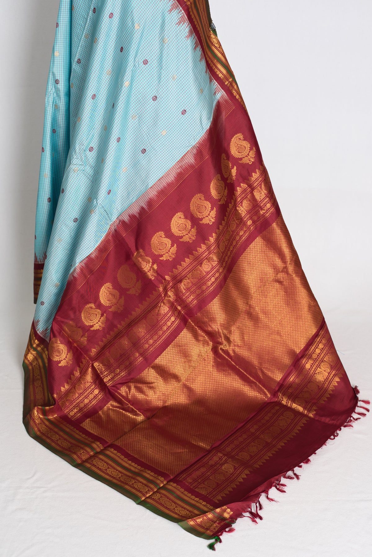 Naheed : Sky Blue and Maroon Micro Checks Handloom Gadwal Silk Saree image 3