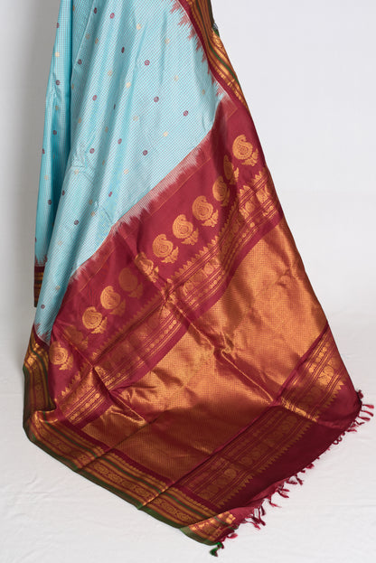 Naheed : Sky Blue and Maroon Micro Checks Handloom Gadwal Silk Saree image 3