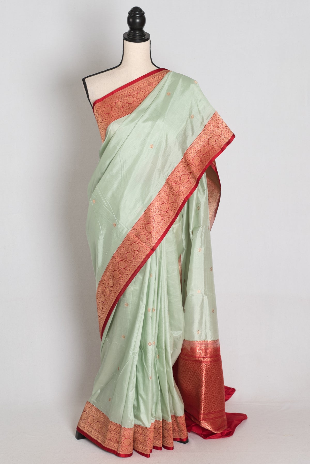 Pastel Green and Red Banarasi saree — view
