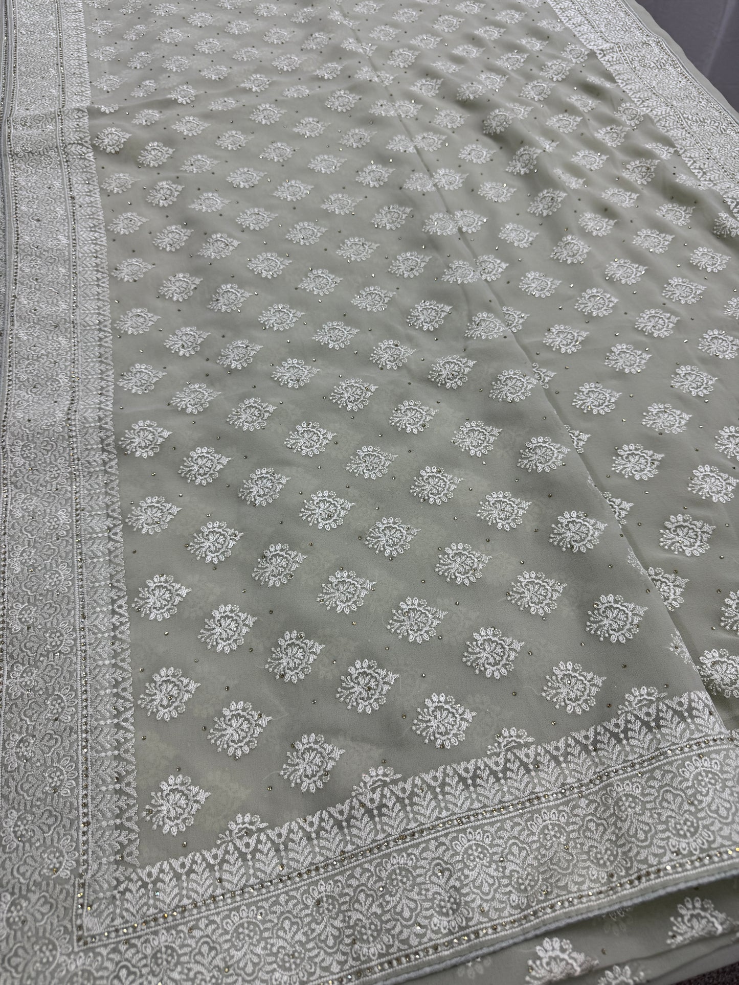 Medha | Sage Green Georgette Cocktail Saree | Elegant Pastel Floral Bootis image 5