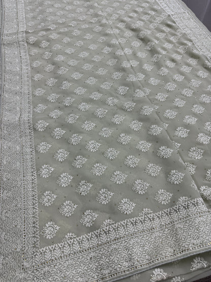 Medha | Sage Green Georgette Cocktail Saree | Elegant Pastel Floral Bootis image 5