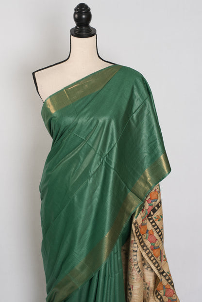 Bina : Dark Green Staple Tussar Saree | Hand-Painted Madhubani Pallu image 5