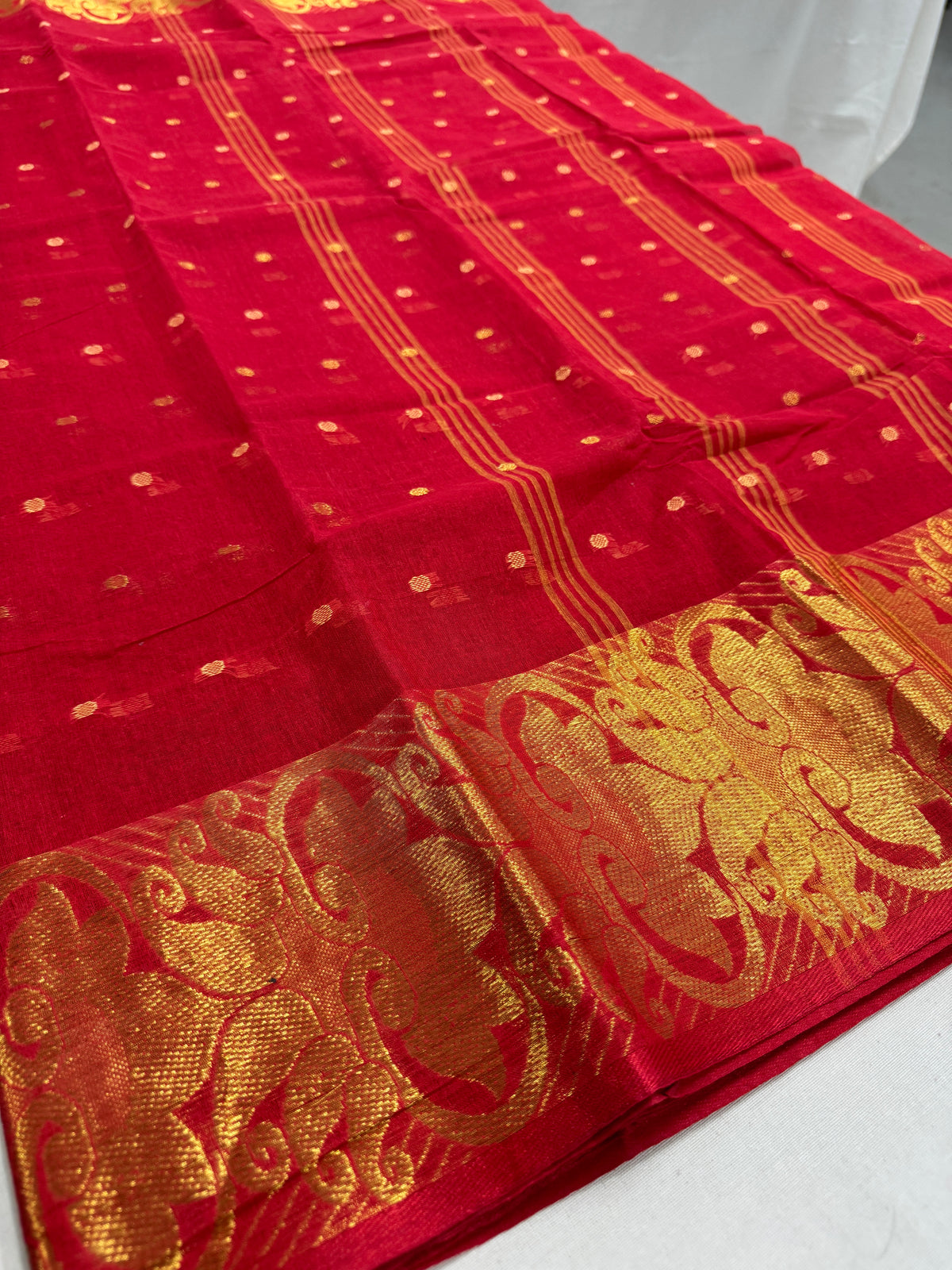 Crimson Red and Gold Tant saree — view