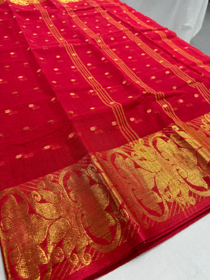 Crimson Red and Gold Tant saree — view