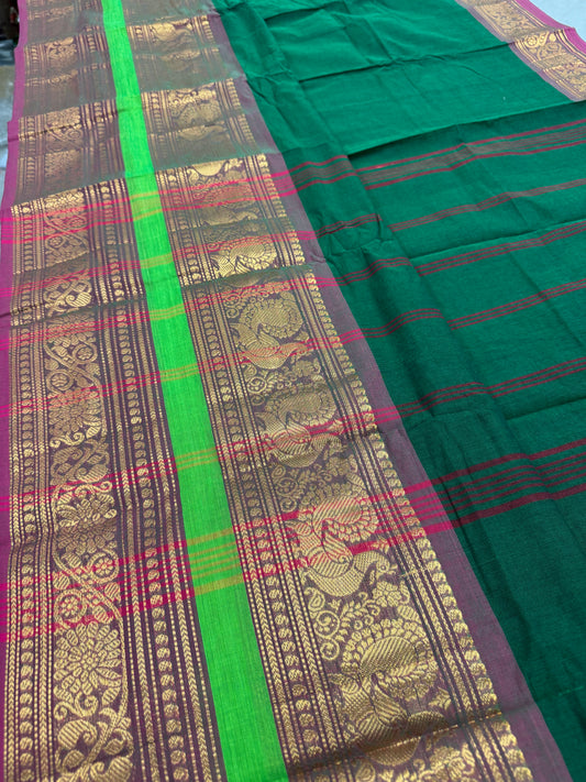 Leela : Bottle Green Kanchi Cotton Saree - Handwoven South Indian Elegance image 0