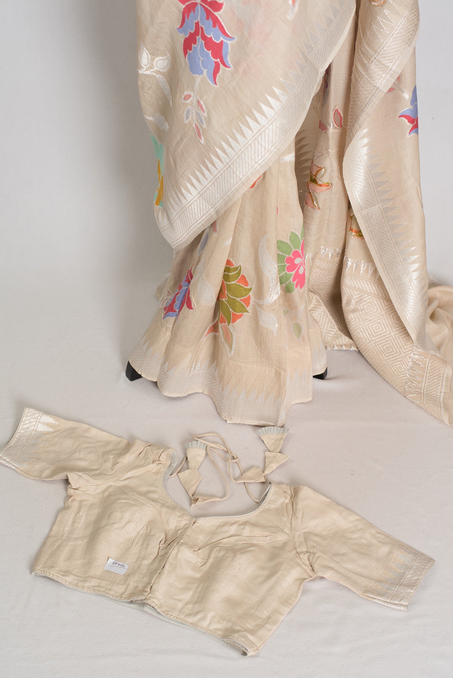 Naaz : Beige Tussar Georgette Banarasi Saree with 38 Size Stitched Blouse image 1