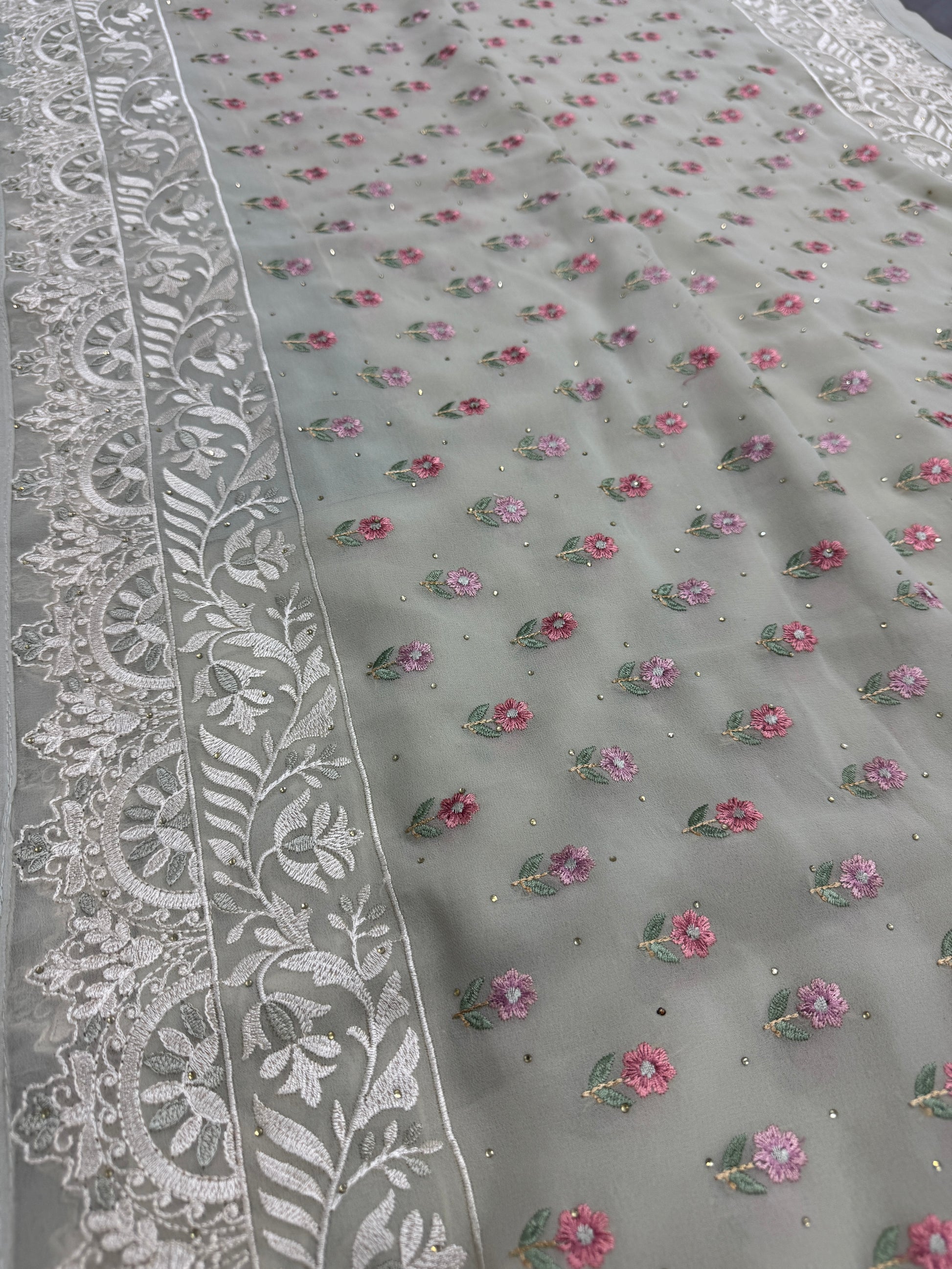 Siya | Light Sage Green Georgette Partywear Saree | Pastel Floral Embroidery image 4