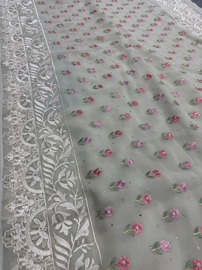 Siya | Light Sage Green Georgette Partywear Saree | Pastel Floral Embroidery image 4