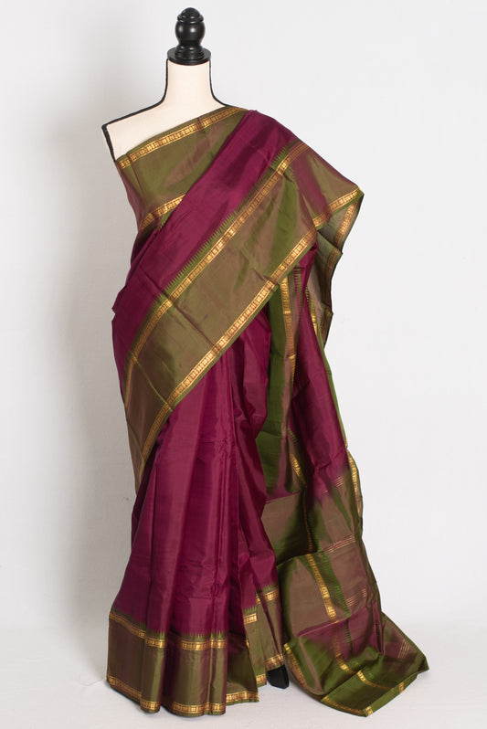 Giri: Maroon and Green Kanjivaram Silk Saree with Thread Work and No Zari image 0