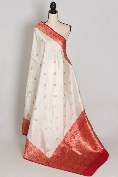 Shreya : White and Red Handwoven Katan Silk Banarasi Saree | Silk Mark Certified image 1