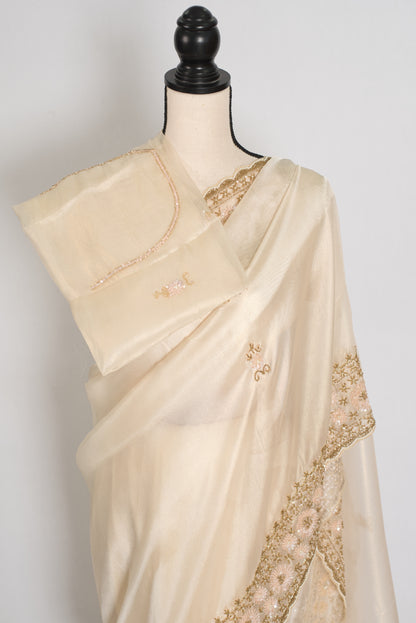 Shruti | Cream & Gold Soft Tissue Embroidered Wedding Saree | Pastel Collection image 2