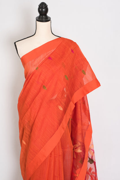 Gayetri: Orange Bengal Linen-Cotton Saree with Resham Jamdani Pallu image 5
