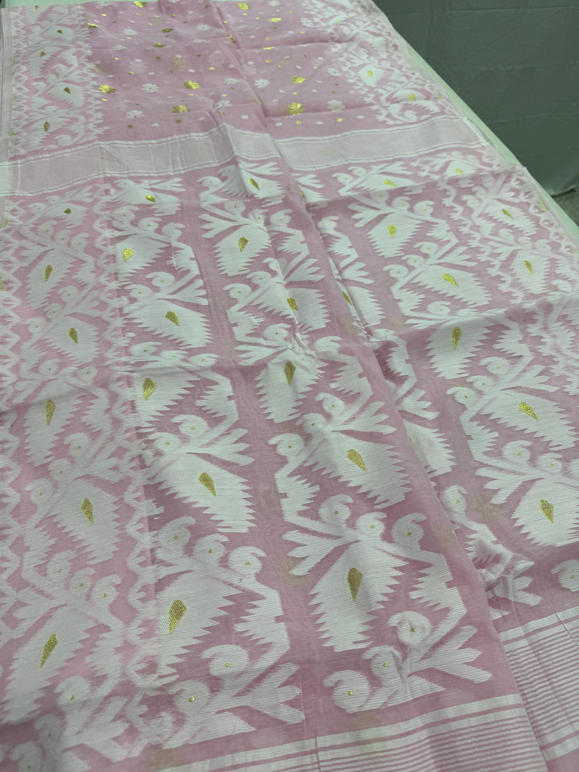 Sanchita : Baby Pink and Gold Blended Soft Cotton Jamdani Saree image 1