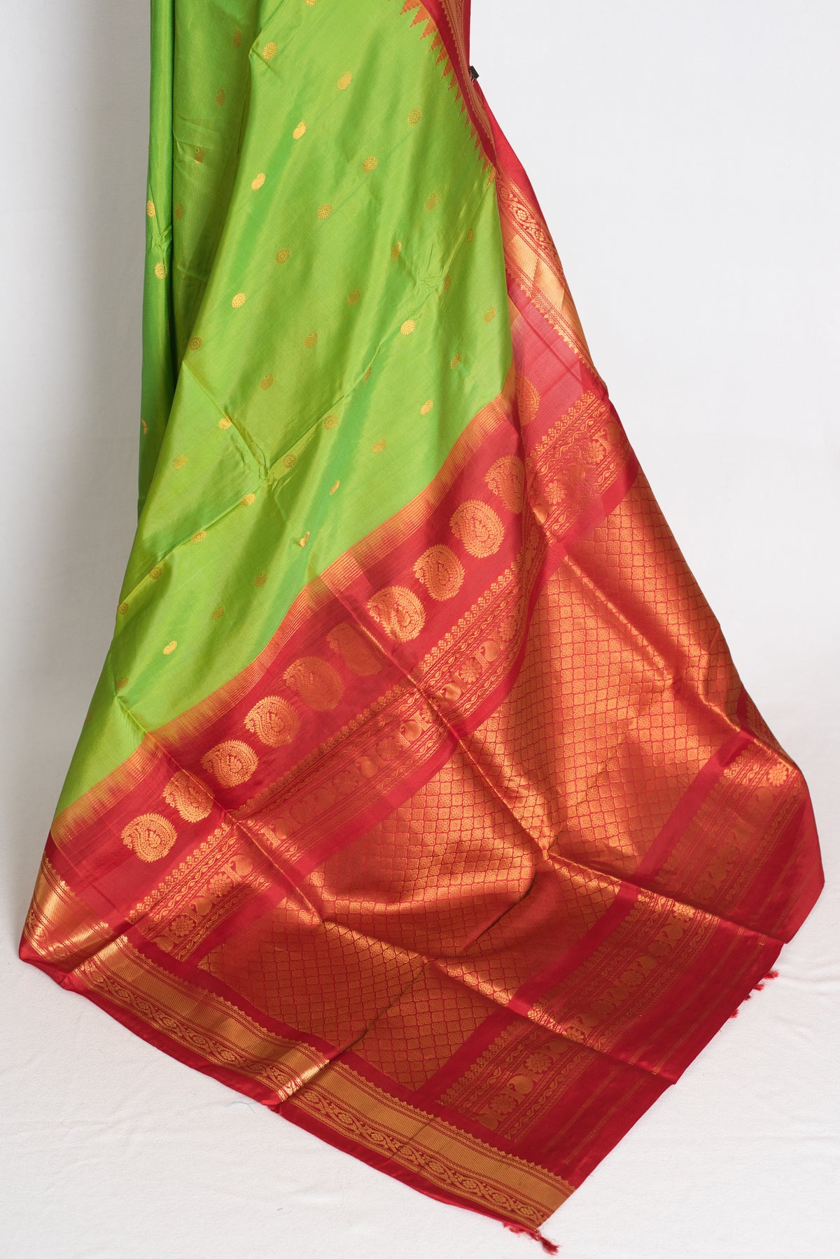 Nabanita : Parrot Green and Red Handwoven Pure Gadwal Silk Saree image 3