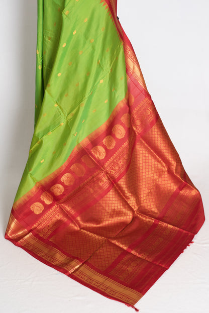 Nabanita : Parrot Green and Red Handwoven Pure Gadwal Silk Saree image 3