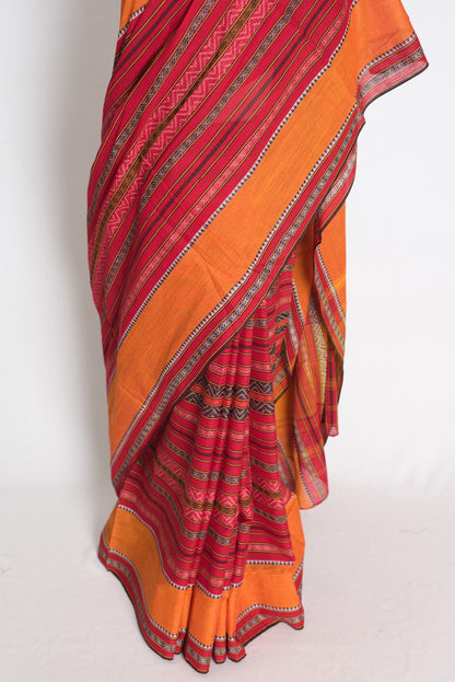 Red and Mustard Yellow Dhaniakhali saree — pallu view