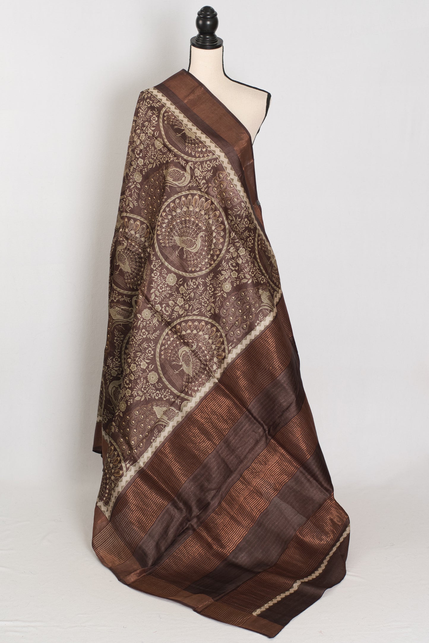 Kala | Earthy Brown Pure Tussar Silk Saree | Heritage Kalamkari Art Prints image 1