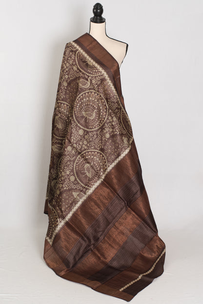 Kala | Earthy Brown Pure Tussar Silk Saree | Heritage Kalamkari Art Prints image 1
