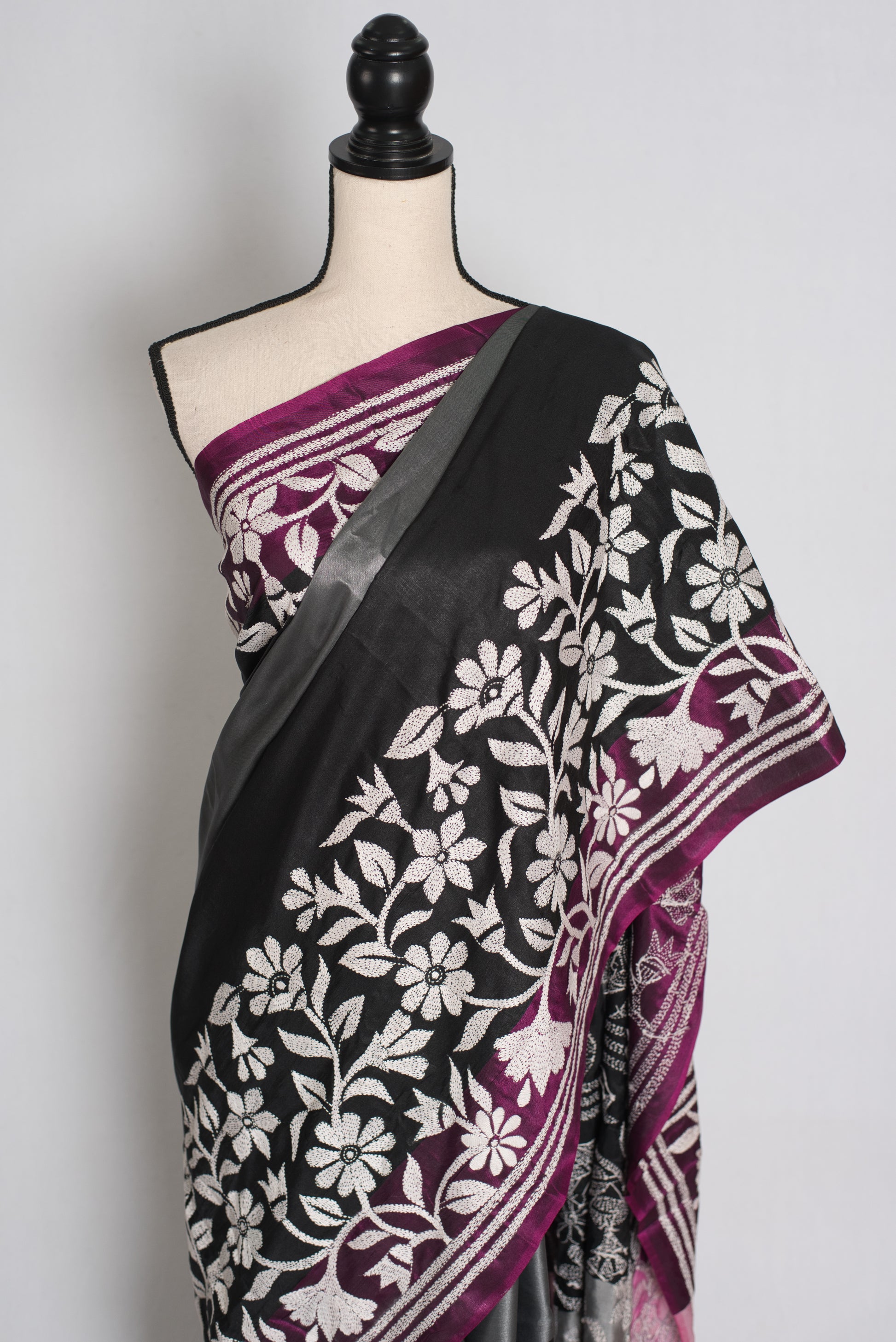 Neha : Black and Gray Hand Embroidered Kantha Stitch Semi Silk Saree image 5