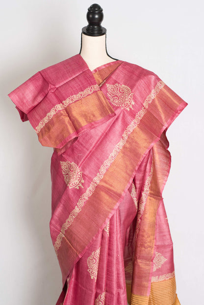 Bela: Hand Block Printed Pink Tussar Silk Saree with Tri-Color Pallu image 2