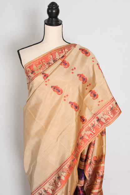 Beige Baluchari saree — blouse piece