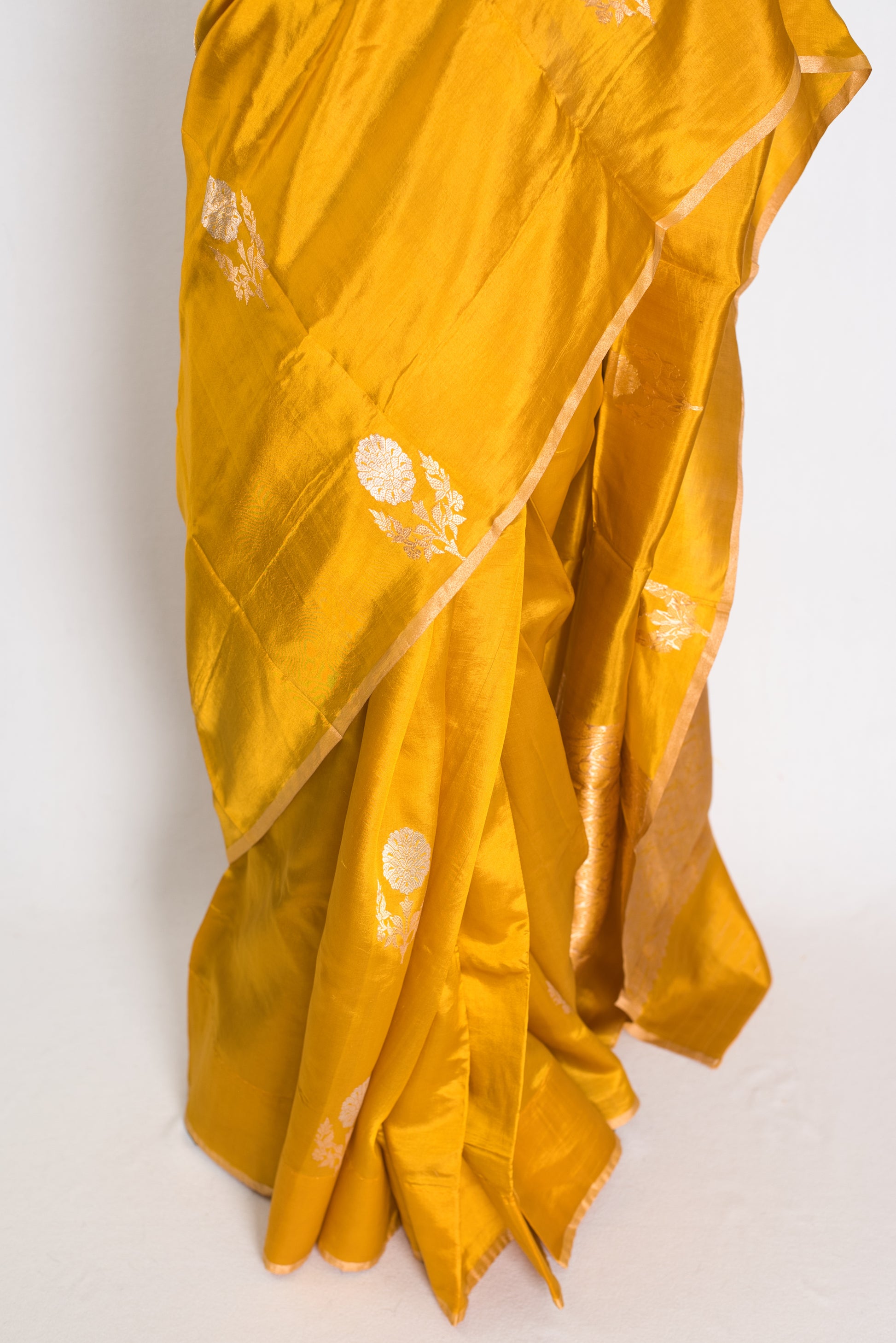 Geeta : Golden Yellow & Gold Banarasi Katan Silk Saree | Lightweight Bridal Wea image 6