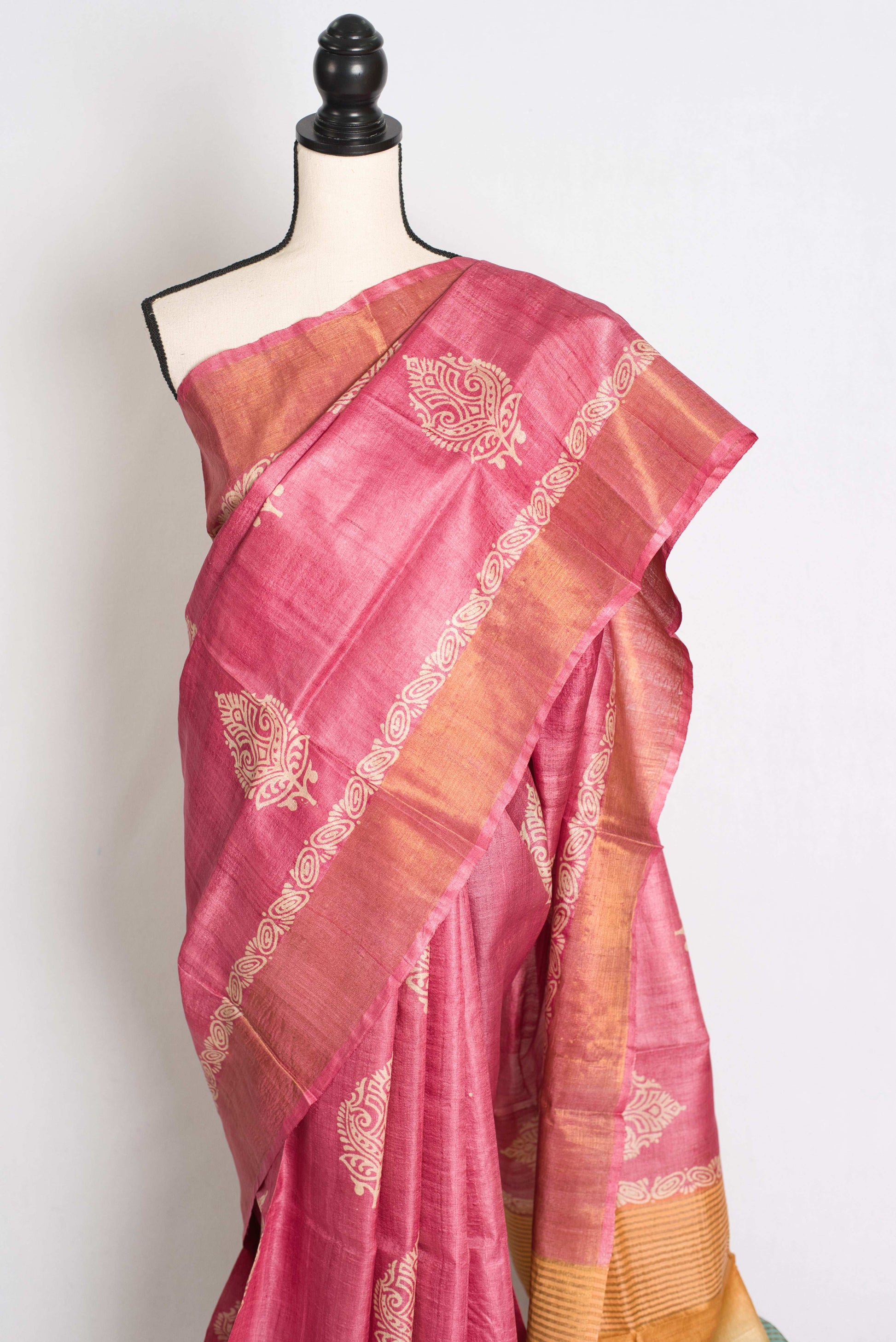 Bela: Hand Block Printed Pink Tussar Silk Saree with Tri-Color Pallu image 5