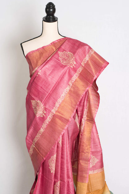Bela: Hand Block Printed Pink Tussar Silk Saree with Tri-Color Pallu image 5