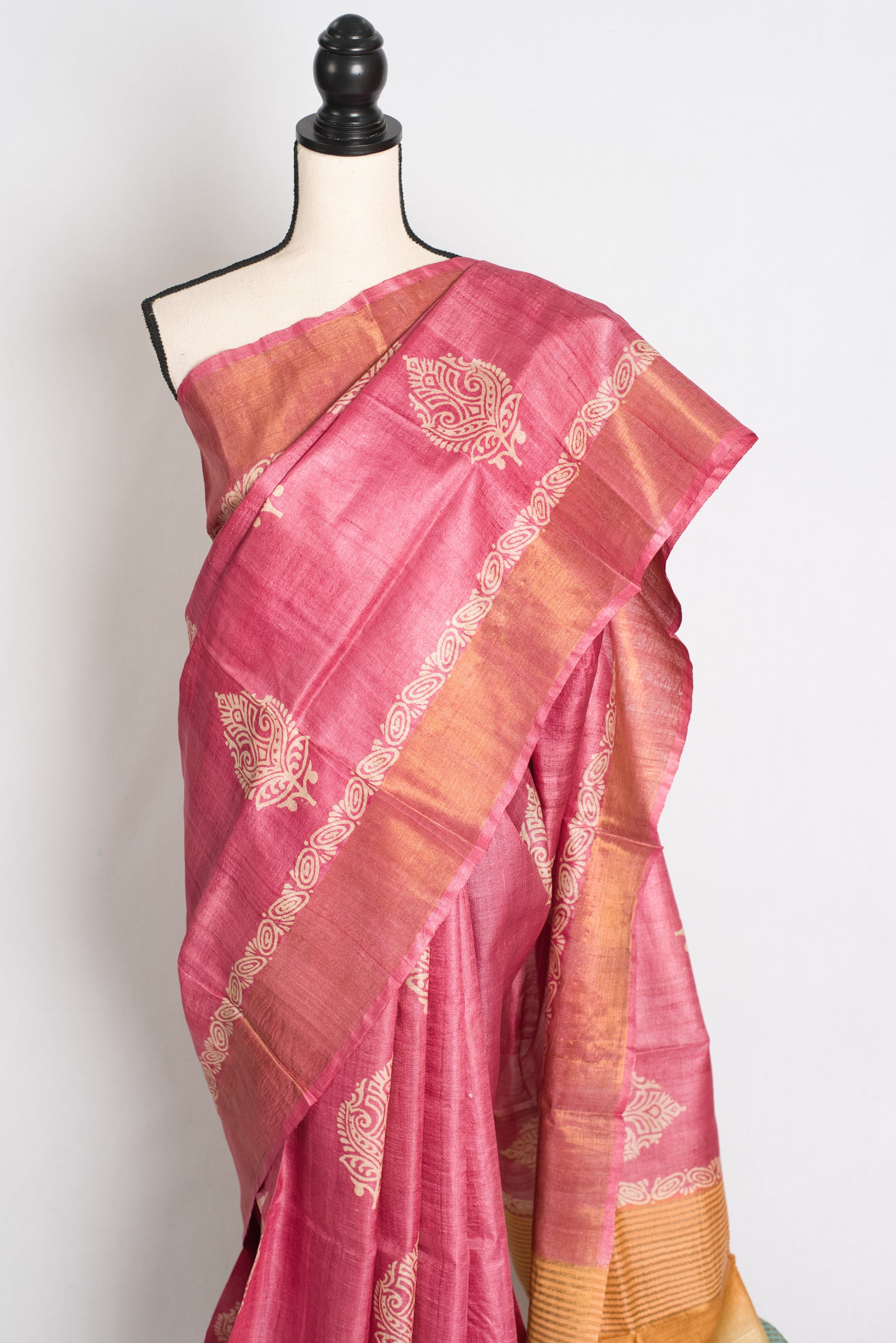 Bela: Hand Block Printed Pink Tussar Silk Saree with Tri-Color Pallu image 5