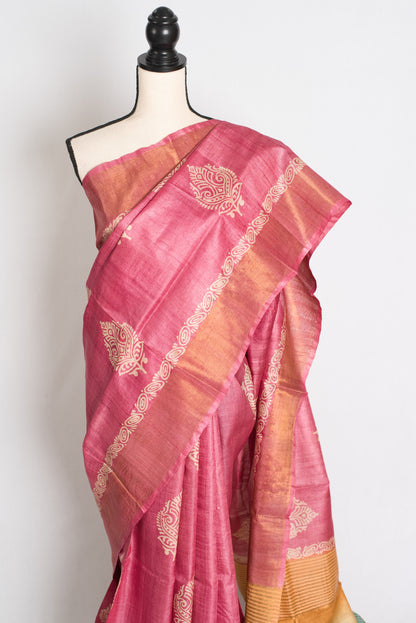 Bela: Hand Block Printed Pink Tussar Silk Saree with Tri-Color Pallu image 5