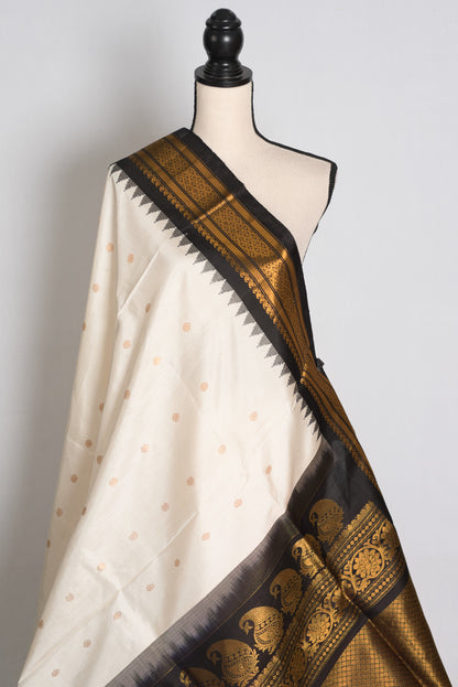 Sabina : Off White and Black Handwoven Gadwal Silk Saree with Gold Zari image 4
