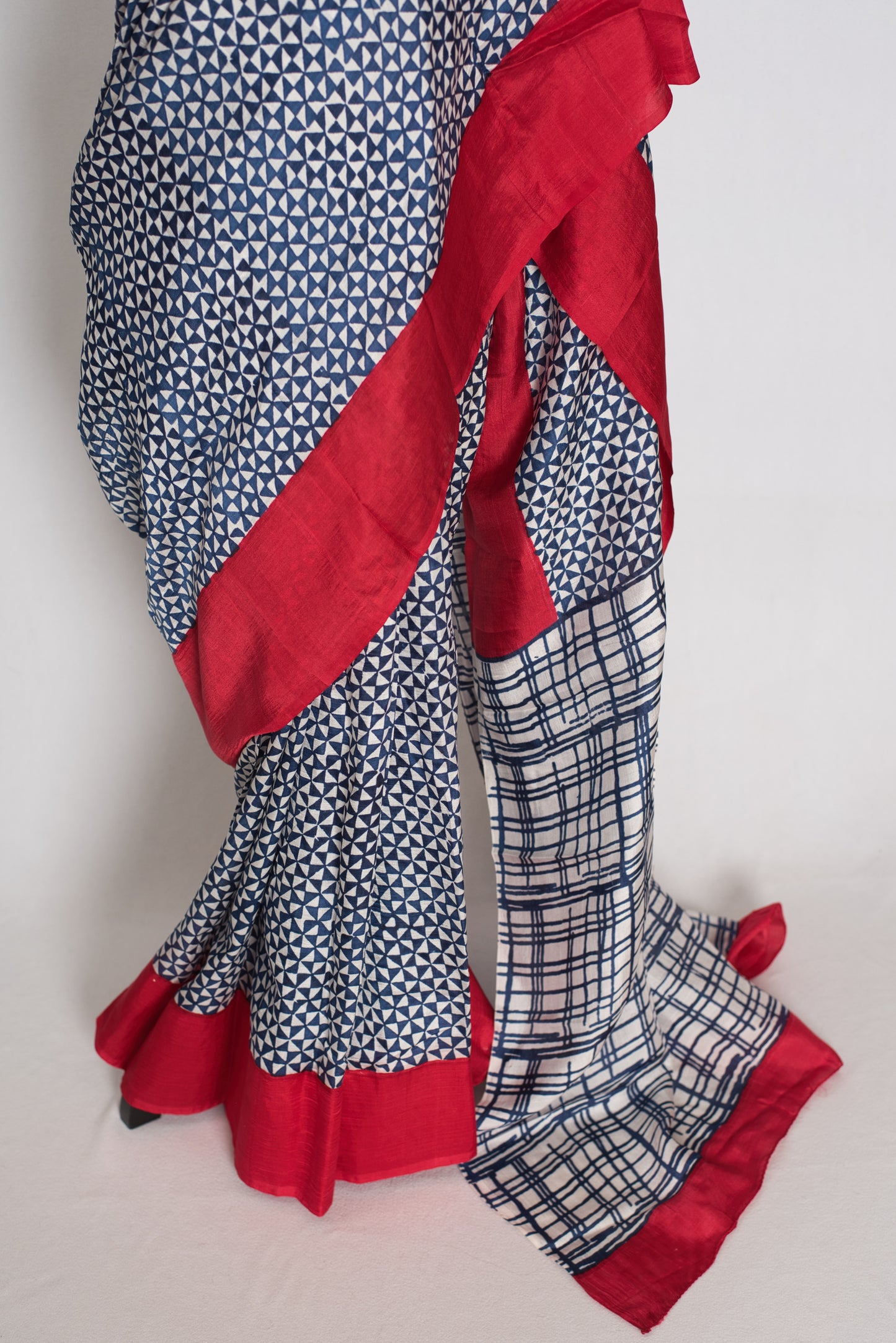 Arundhuti : Blue and Red Contemporary Hand Block Printed Murshidabad Silk Saree image 5