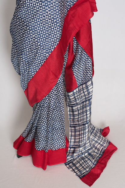 Arundhuti : Blue and Red Contemporary Hand Block Printed Murshidabad Silk Saree image 5