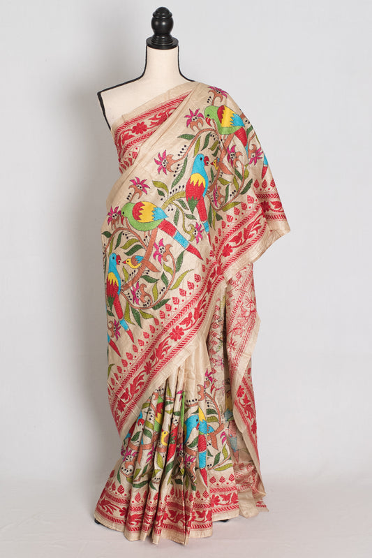 Kavitha : Pure Gachi Tussar Hand Embroidered Kantha Stitch Saree image 0