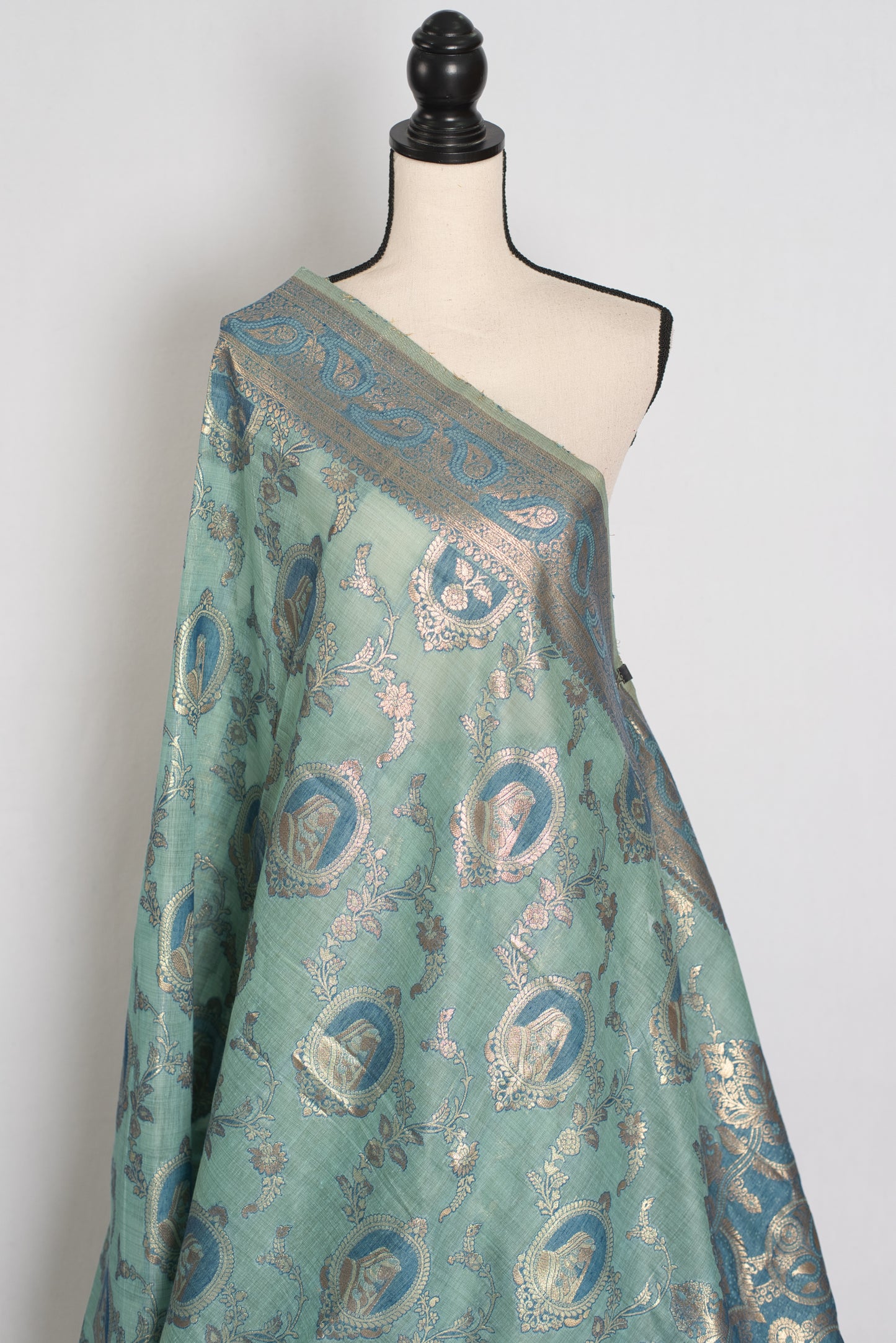Mira | Pastel Blue Blended Cotton Saree | Traditional Baluchari Motifs image 4