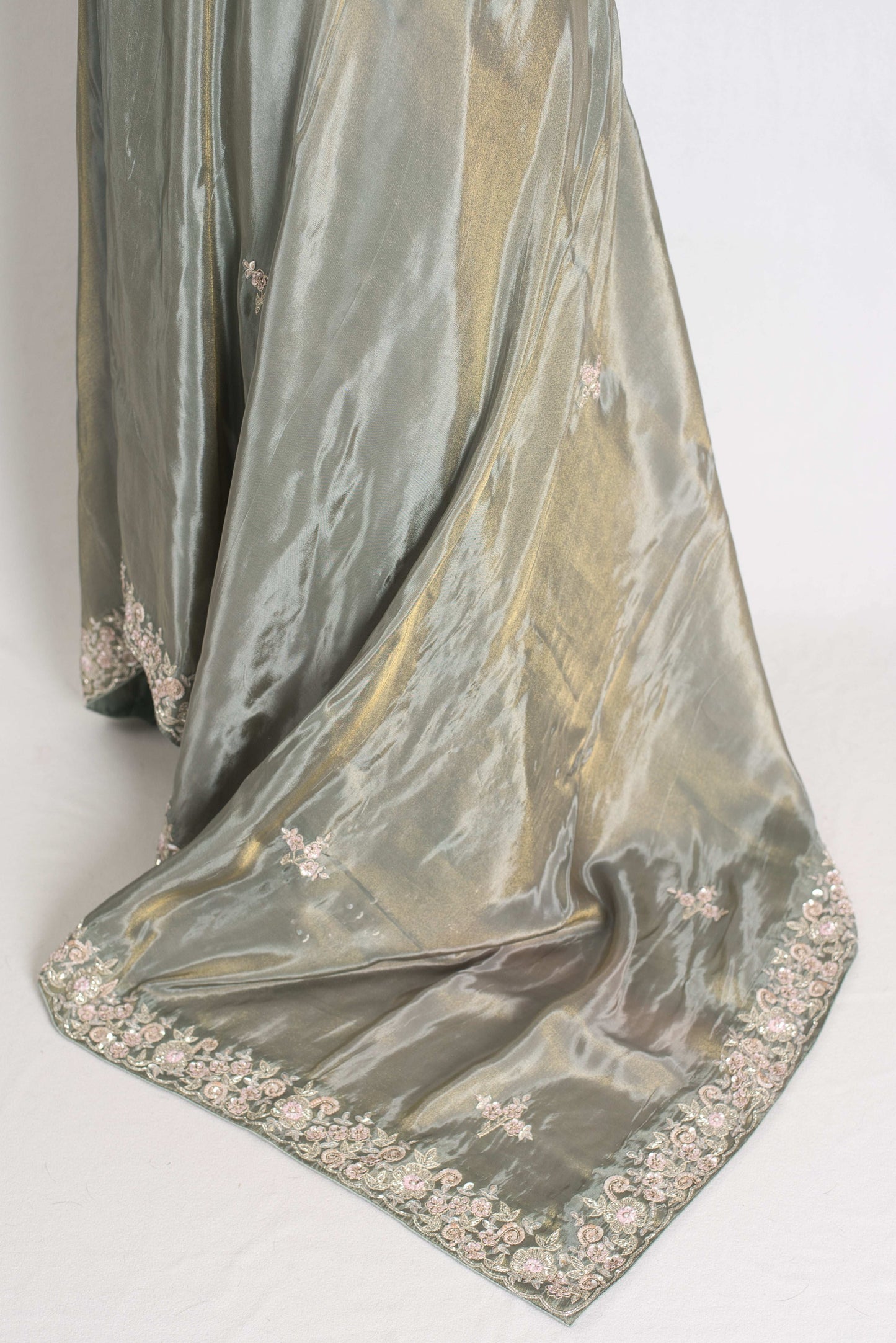 Fariha : Sage Green Hand Embroidered Zardozi Soft Organza Party Wear Saree image 4