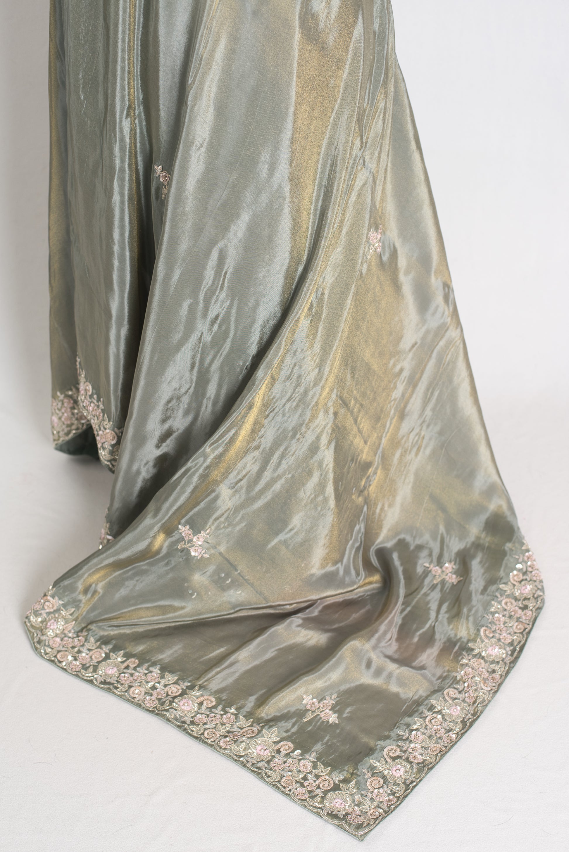 Fariha : Sage Green Hand Embroidered Zardozi Soft Organza Party Wear Saree image 4