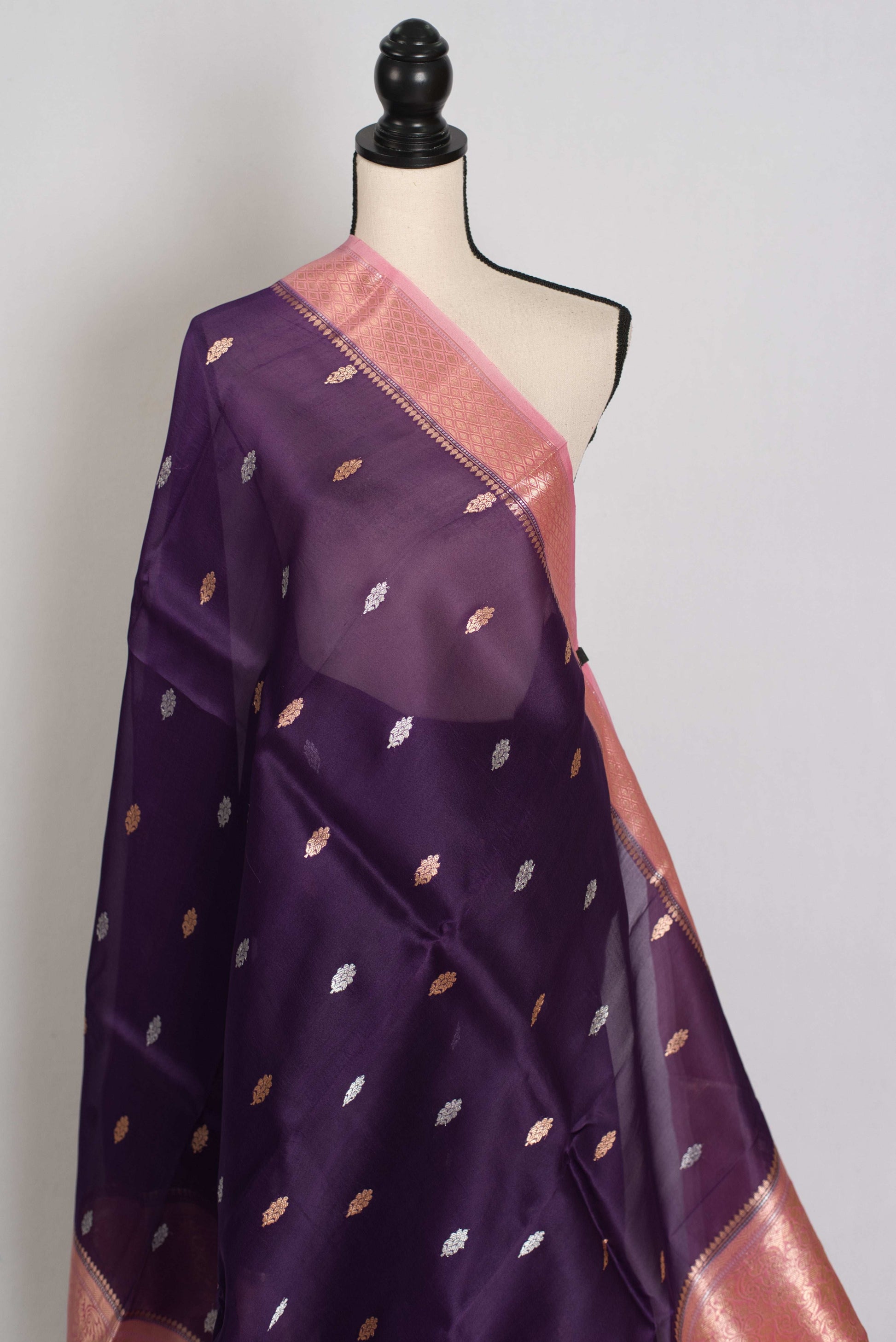 Nandini : Silk Mark Certified Purple with Pink Organza Banarasi Saree image 3