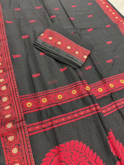 Medha : Black and Red Cotton Baluchari Saree Bengal Handloom image 1