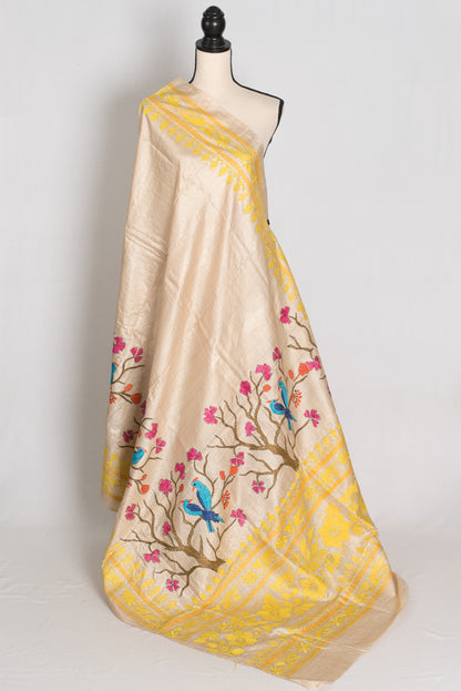 Srija : Beige and Yellow Hand Embroidered Kantha Stitch Pure Gachi Tussar Saree image 1